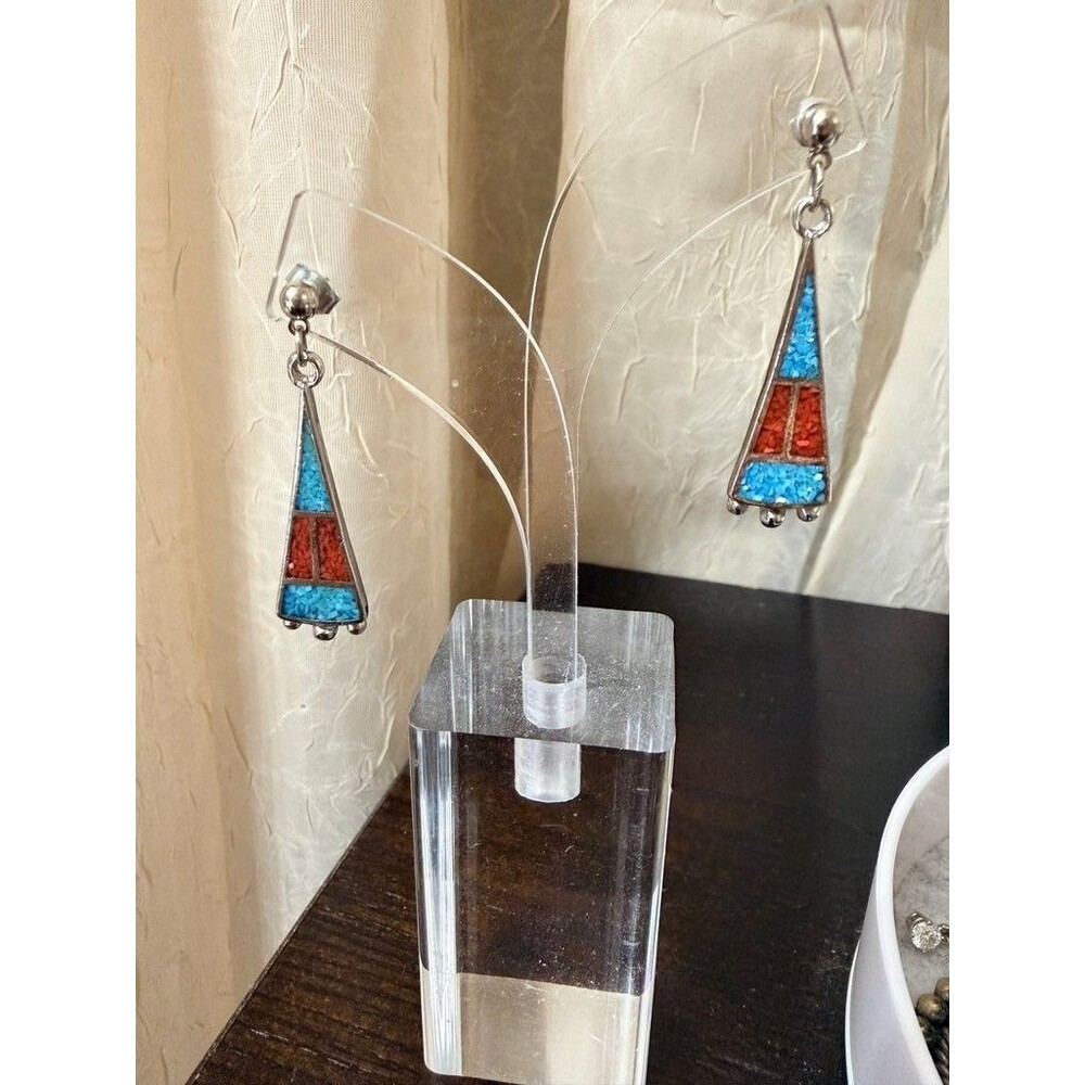 Vintage Southwestern Inlay Turquoise & Coral Dangle Earrings